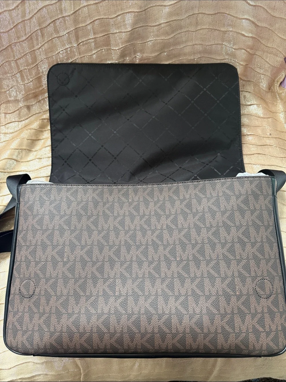 Michael Kors Brown MK Signature Canvas Messenger Bag with Black Strap